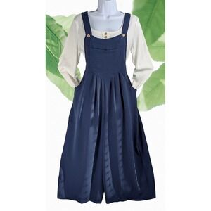 IWOLLECE Sz M Navy Blue Wide Leg Jumpsuit Textured Cropped Overalls Women's M